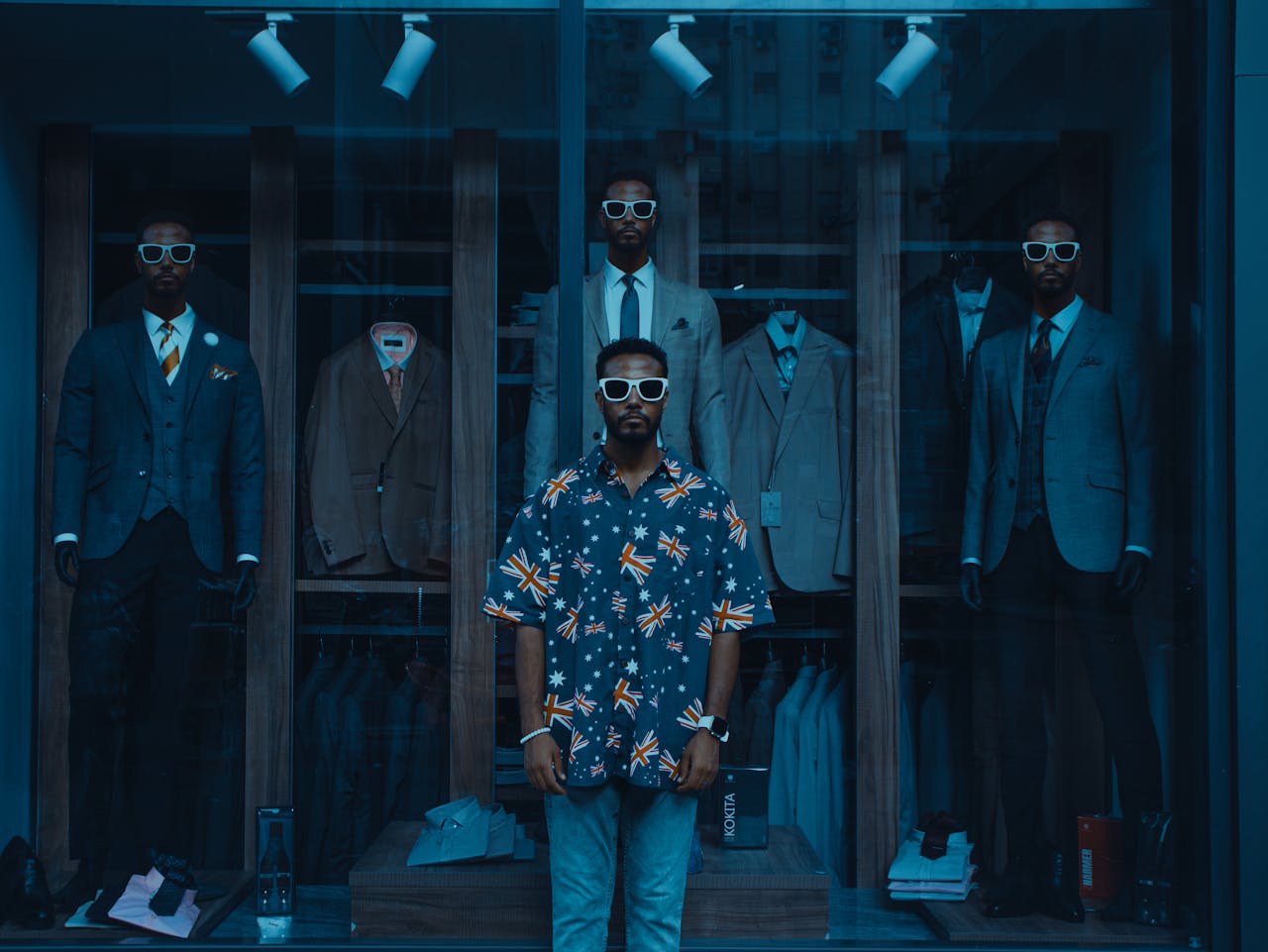 About Fashion-forward men in sunglasses showcase suits in a chic London boutique display.